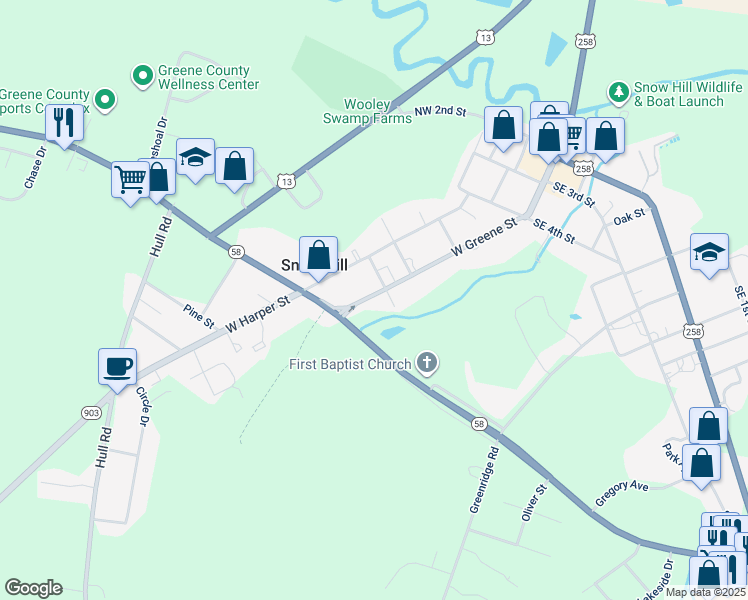 map of restaurants, bars, coffee shops, grocery stores, and more near 406 West Greene Street in Snow Hill