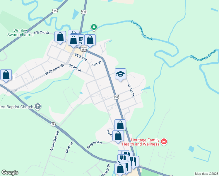 map of restaurants, bars, coffee shops, grocery stores, and more near 501 Southeast 2nd Street in Snow Hill