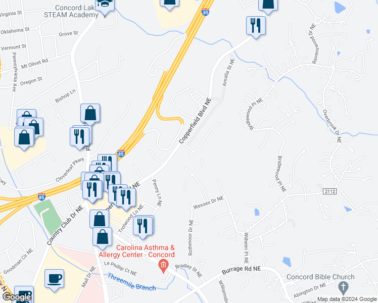 map of restaurants, bars, coffee shops, grocery stores, and more near 2493 Governors Pointe Court Northeast in Concord