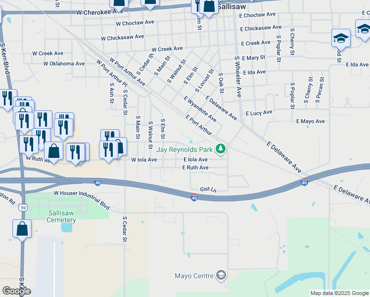 map of restaurants, bars, coffee shops, grocery stores, and more near Chestnut Street in Sallisaw