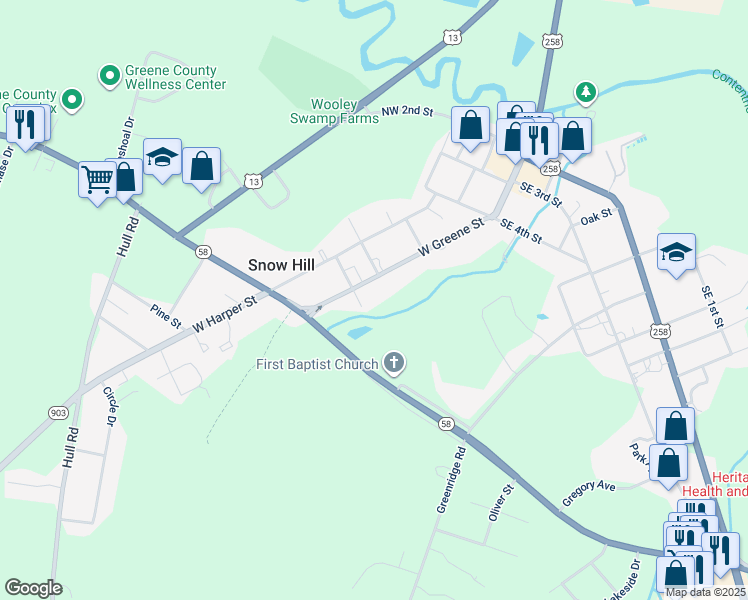 map of restaurants, bars, coffee shops, grocery stores, and more near 306 West Greene Street in Snow Hill