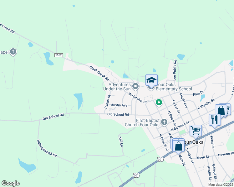 map of restaurants, bars, coffee shops, grocery stores, and more near 105 Creech Circle in Four Oaks