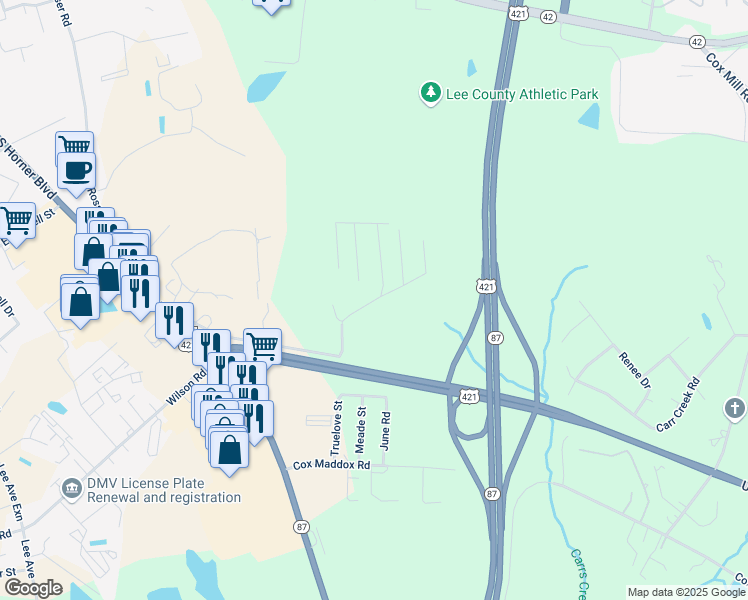 map of restaurants, bars, coffee shops, grocery stores, and more near 165 Firethorn Lane in Sanford