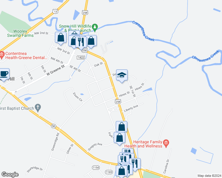 map of restaurants, bars, coffee shops, grocery stores, and more near 501 Southeast 2nd Street in Snow Hill
