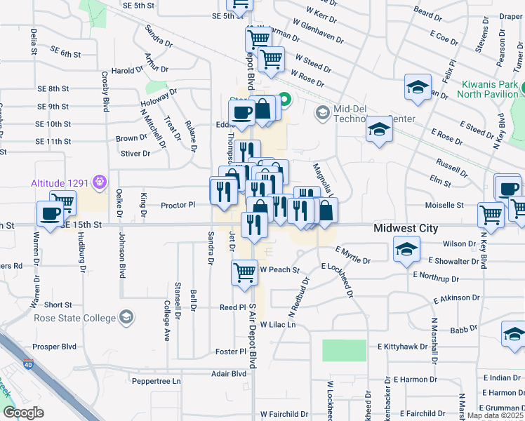 map of restaurants, bars, coffee shops, grocery stores, and more near 1300 Gateway Plazza in Midwest City