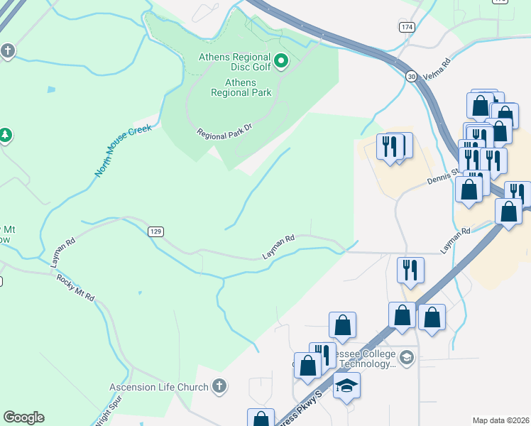 map of restaurants, bars, coffee shops, grocery stores, and more near 250 County Road 129 in Athens