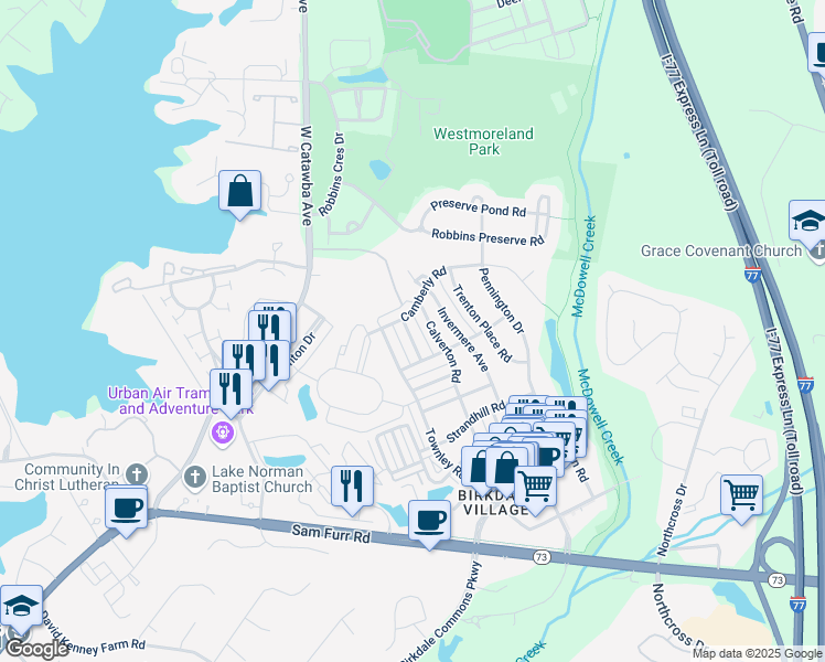 map of restaurants, bars, coffee shops, grocery stores, and more near 16538 Knox Run Road in Huntersville