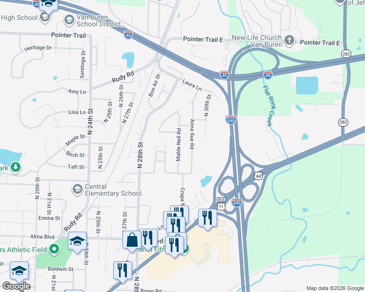 map of restaurants, bars, coffee shops, grocery stores, and more near 1203 Anna Sue Road in Van Buren