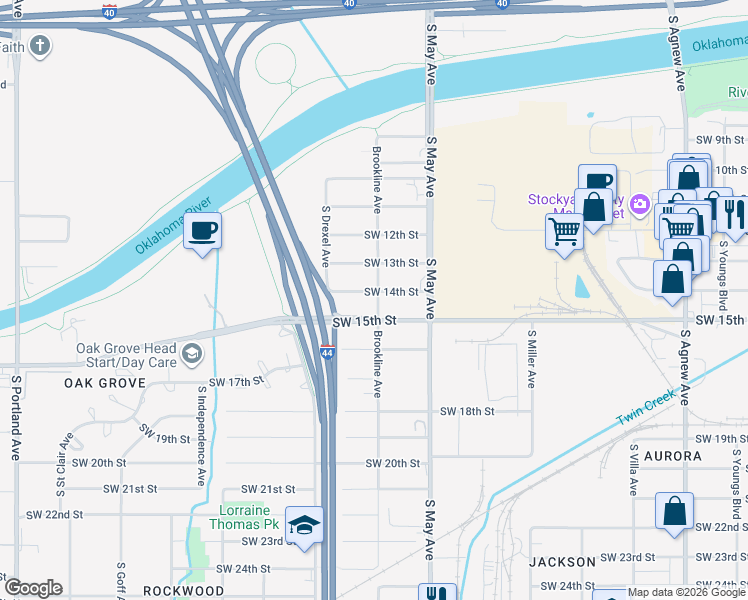 map of restaurants, bars, coffee shops, grocery stores, and more near 2942 Southwest 13th Street in Oklahoma City