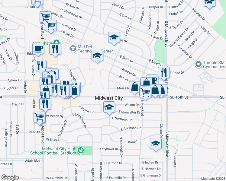 map of restaurants, bars, coffee shops, grocery stores, and more near 301 Moiselle Street in Midwest City