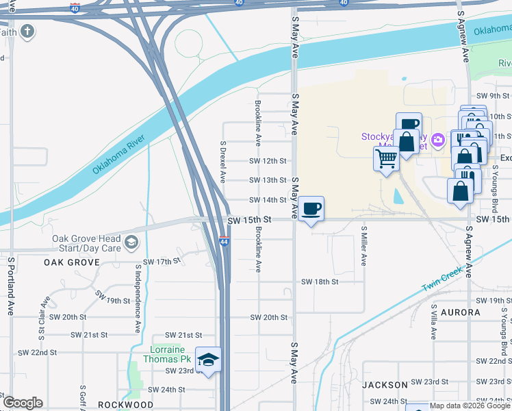 map of restaurants, bars, coffee shops, grocery stores, and more near 2942 Southwest 13th Street in Oklahoma City