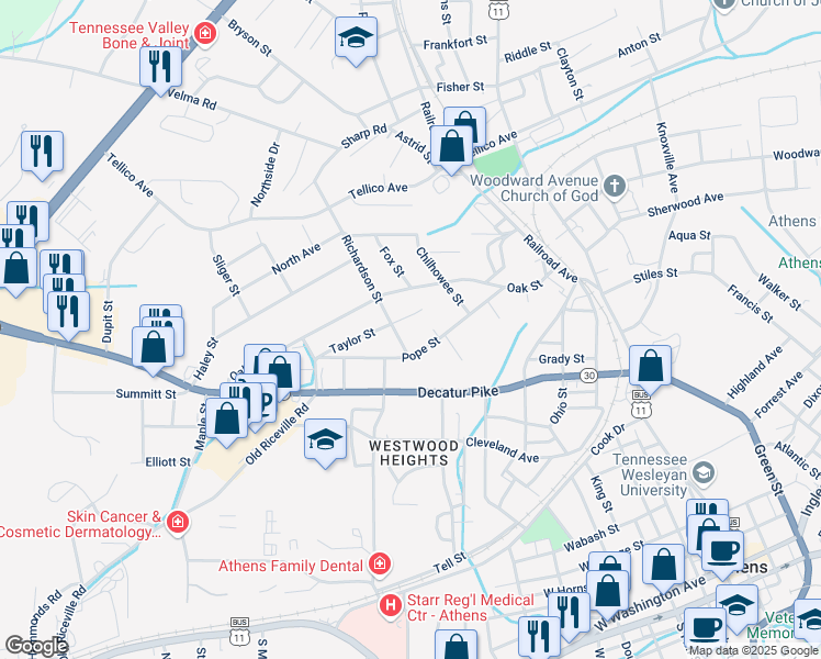 map of restaurants, bars, coffee shops, grocery stores, and more near 406 Taylor Street in Athens