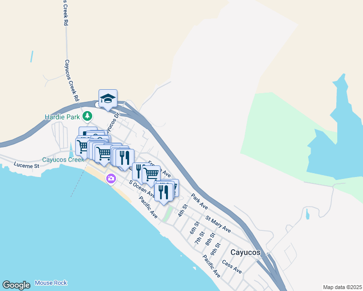 map of restaurants, bars, coffee shops, grocery stores, and more near Cayucos Drive in Cayucos