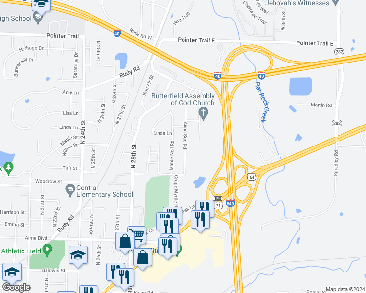 map of restaurants, bars, coffee shops, grocery stores, and more near 13 Anna Sue Road in Van Buren