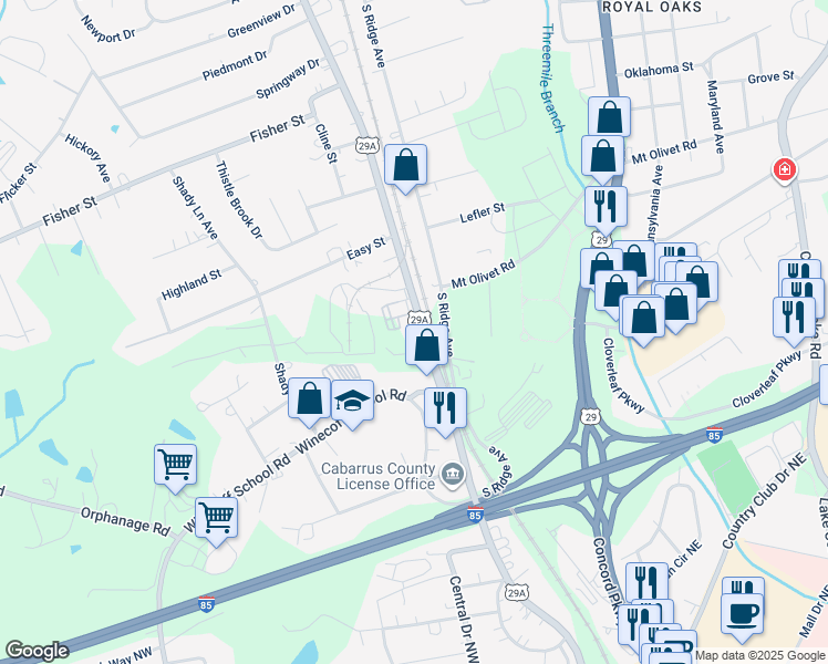 map of restaurants, bars, coffee shops, grocery stores, and more near 2830 South Main Street in Concord