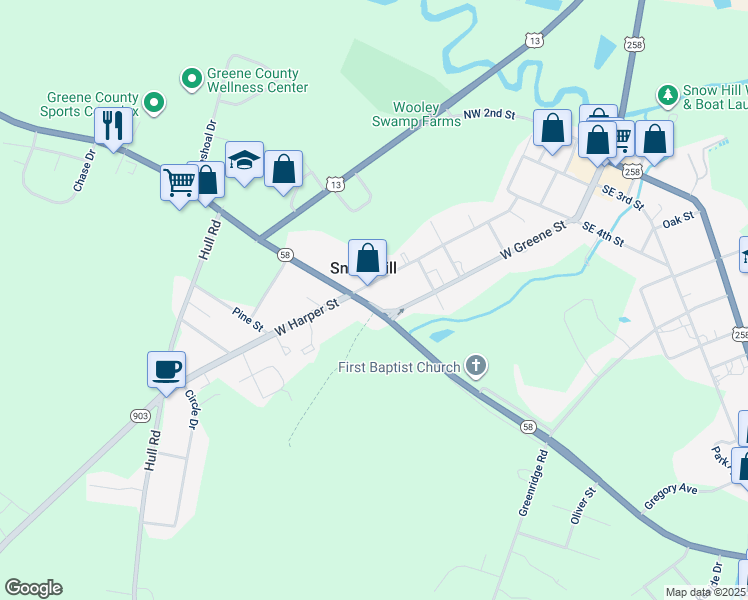 map of restaurants, bars, coffee shops, grocery stores, and more near 105 Kingold Boulevard in Snow Hill