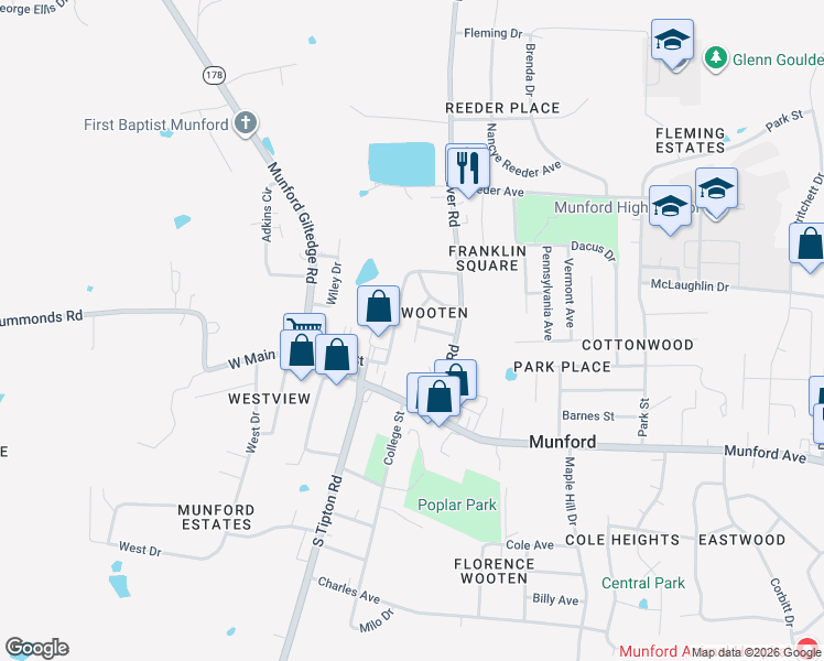 map of restaurants, bars, coffee shops, grocery stores, and more near 60 Pecan Street in Munford