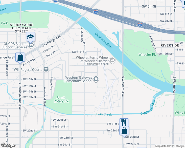 map of restaurants, bars, coffee shops, grocery stores, and more near 1329 Southwest 14th Street in Oklahoma City