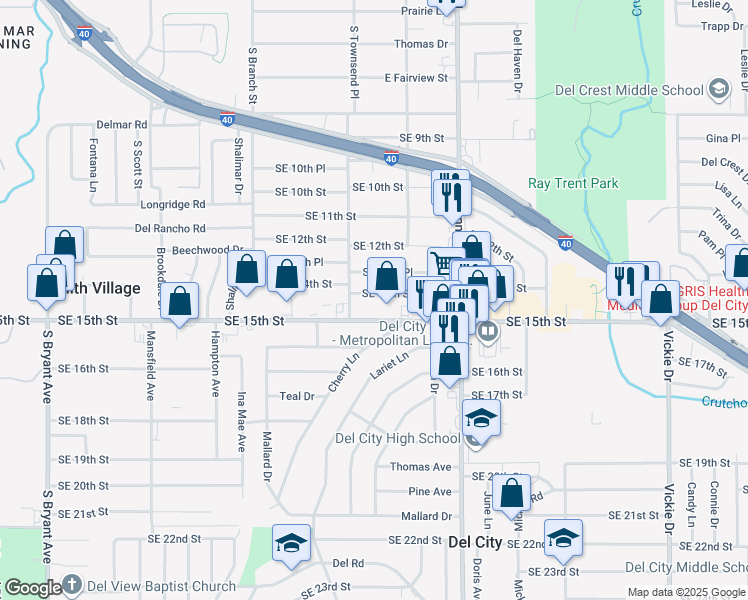 map of restaurants, bars, coffee shops, grocery stores, and more near 4017 Southeast 14th Street in Del City