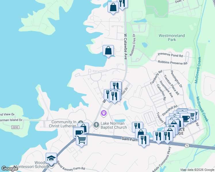 map of restaurants, bars, coffee shops, grocery stores, and more near in Cornelius
