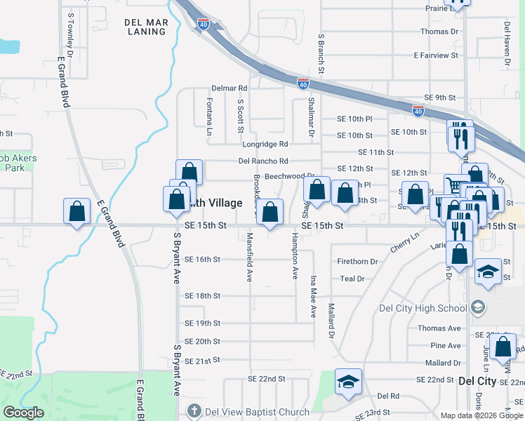 map of restaurants, bars, coffee shops, grocery stores, and more near 1505 Tanglewood Drive in Del City