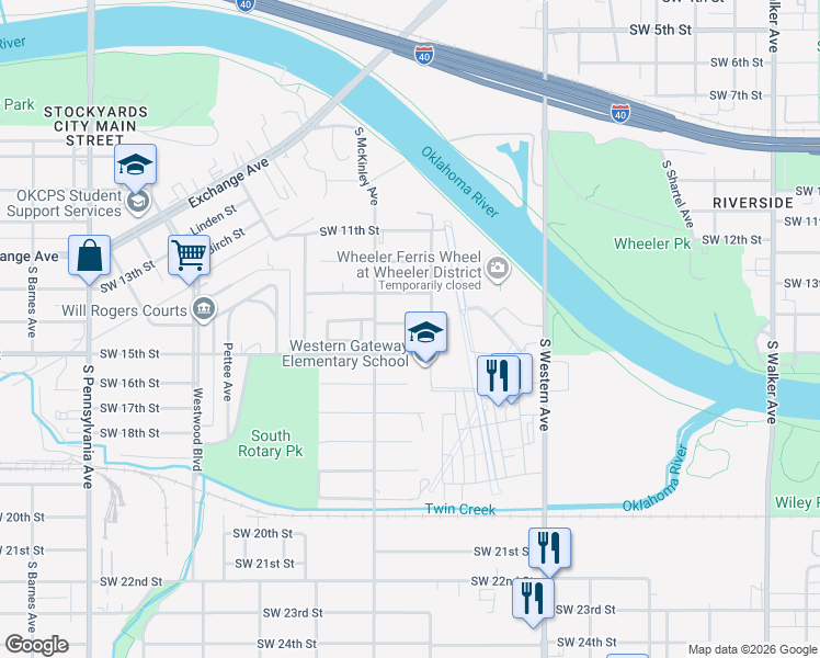 map of restaurants, bars, coffee shops, grocery stores, and more near 1329 Southwest 14th Street in Oklahoma City