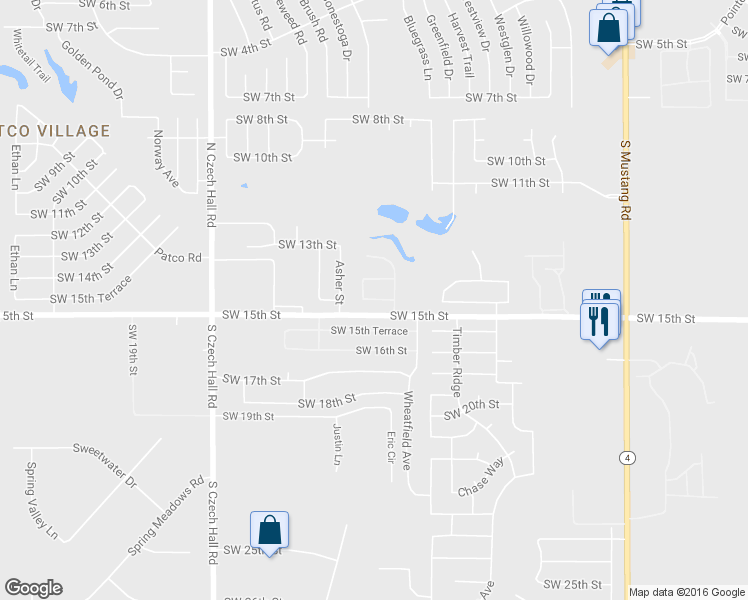 map of restaurants, bars, coffee shops, grocery stores, and more near 11812 Southwest 14th Circle in Yukon