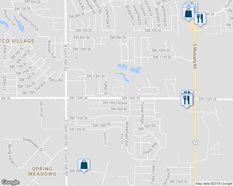 map of restaurants, bars, coffee shops, grocery stores, and more near 11812 Southwest 14th Circle in Yukon