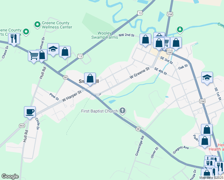 map of restaurants, bars, coffee shops, grocery stores, and more near 310 West Greene Street in Snow Hill