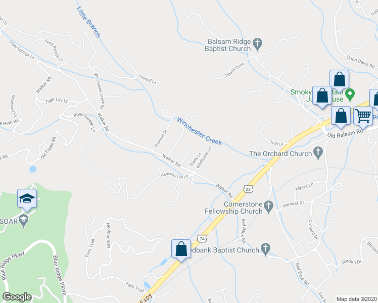 map of restaurants, bars, coffee shops, grocery stores, and more near 77 Winslow Road in Waynesville