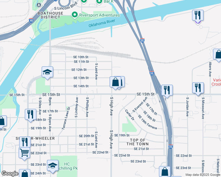 map of restaurants, bars, coffee shops, grocery stores, and more near 933 Southeast 14th Street in Oklahoma City