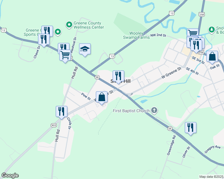 map of restaurants, bars, coffee shops, grocery stores, and more near 501 West Harper Street in Snow Hill