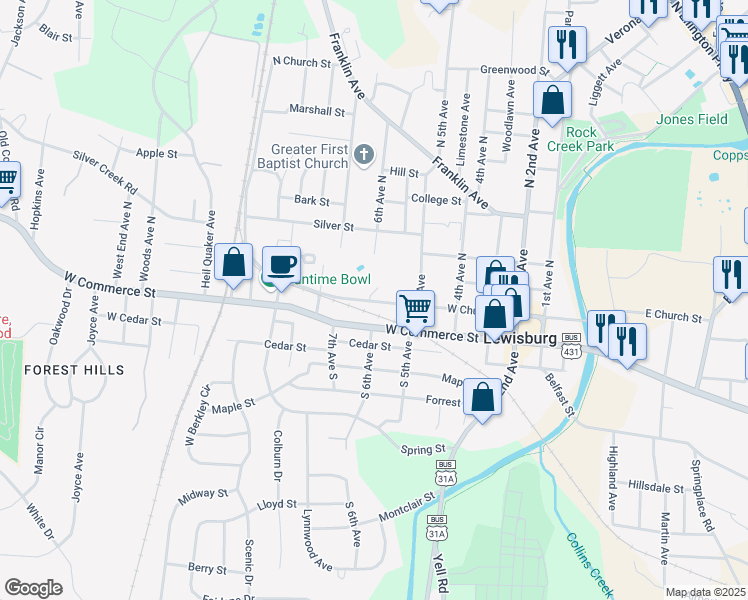 map of restaurants, bars, coffee shops, grocery stores, and more near 568 West Church Street in Lewisburg