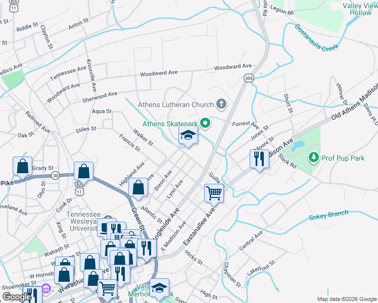 map of restaurants, bars, coffee shops, grocery stores, and more near 598 Forrest Avenue in Athens