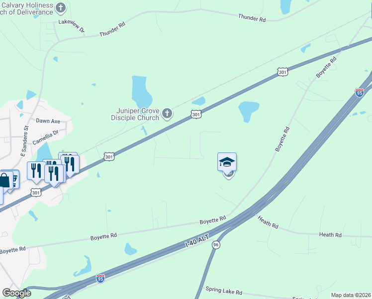 map of restaurants, bars, coffee shops, grocery stores, and more near 121 Evans Street in Four Oaks