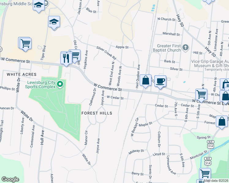map of restaurants, bars, coffee shops, grocery stores, and more near 1074 West Commerce Street in Lewisburg