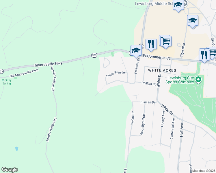 map of restaurants, bars, coffee shops, grocery stores, and more near 2073 Phillips Street in Lewisburg