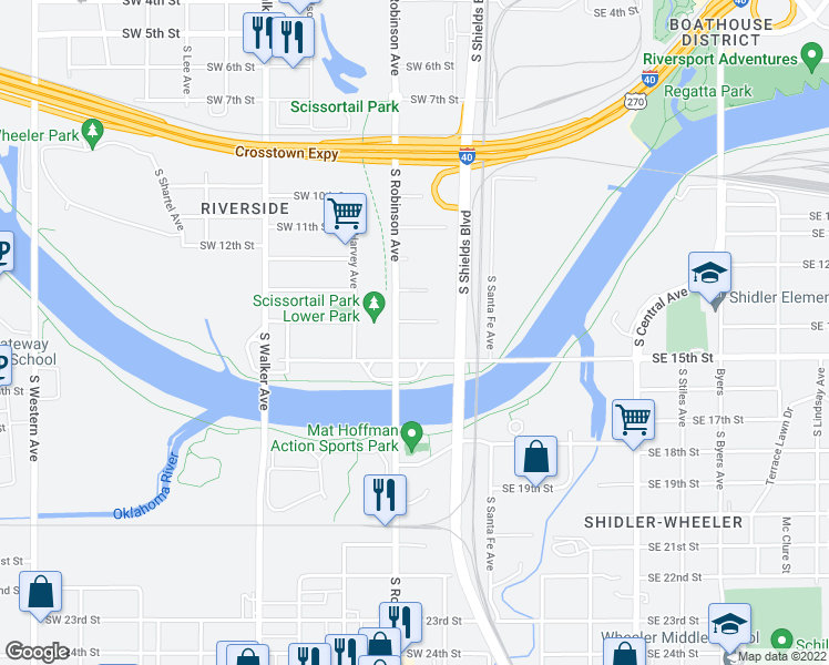 map of restaurants, bars, coffee shops, grocery stores, and more near 1500 S Robinson Ave in Oklahoma City