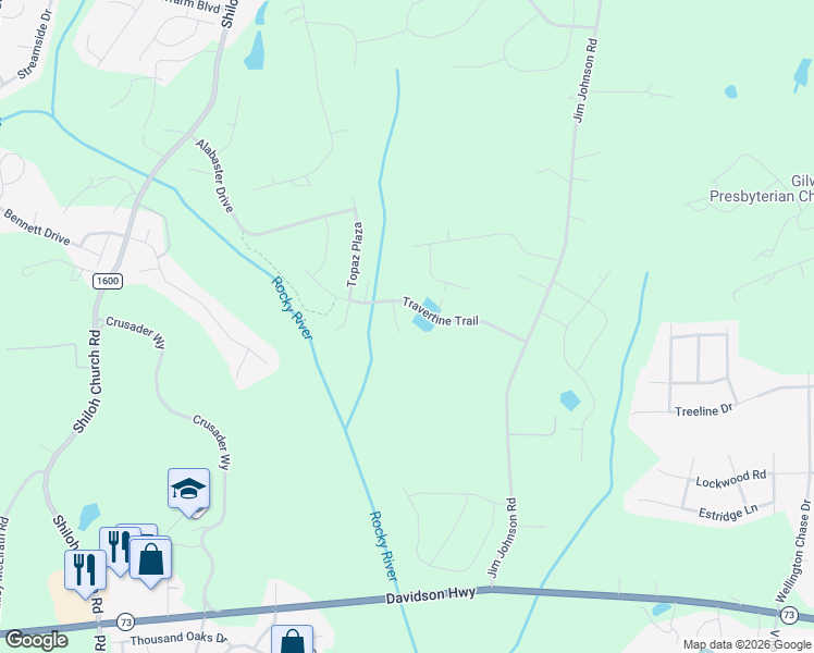map of restaurants, bars, coffee shops, grocery stores, and more near 9937 Travertine Trail in Davidson