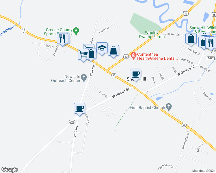 map of restaurants, bars, coffee shops, grocery stores, and more near 401 Jordan Avenue in Snow Hill