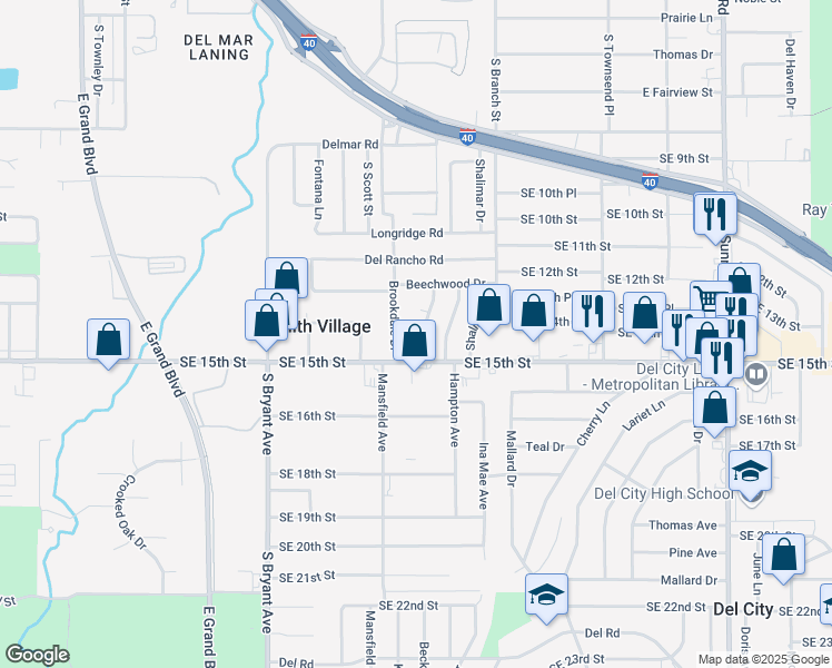 map of restaurants, bars, coffee shops, grocery stores, and more near 1513 Tanglewood Drive in Del City