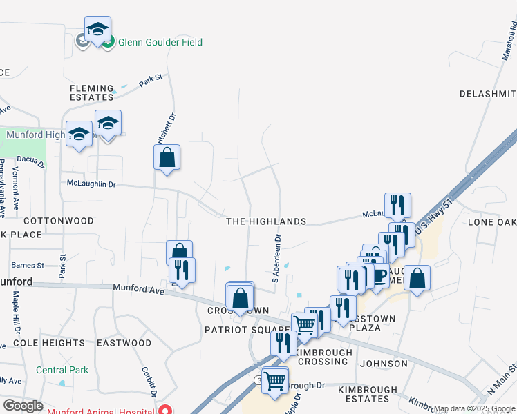 map of restaurants, bars, coffee shops, grocery stores, and more near 48 North Gretna Green Drive in Munford