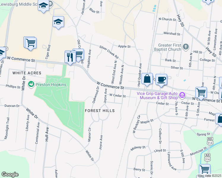 map of restaurants, bars, coffee shops, grocery stores, and more near 1221 Mooresville Highway in Lewisburg