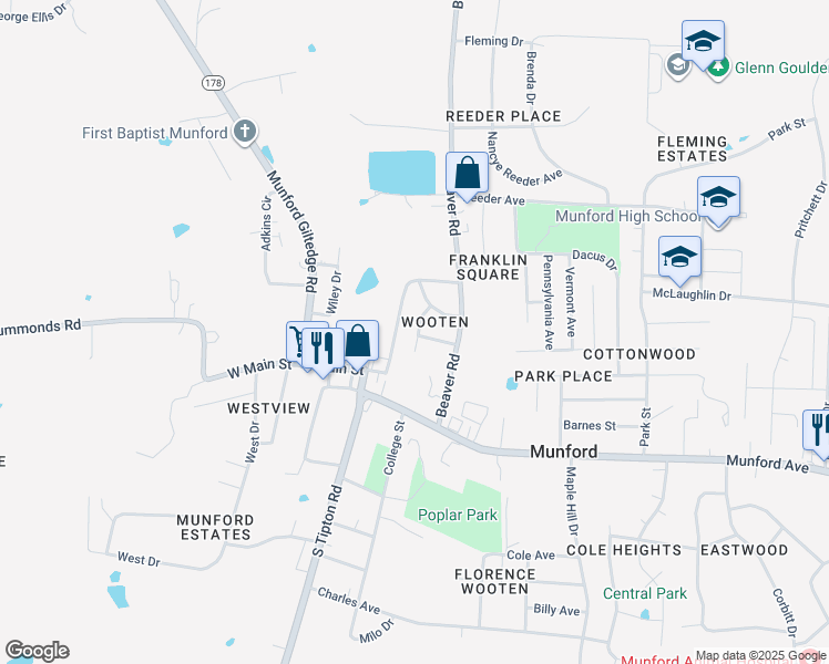 map of restaurants, bars, coffee shops, grocery stores, and more near 60 Pecan Street in Munford