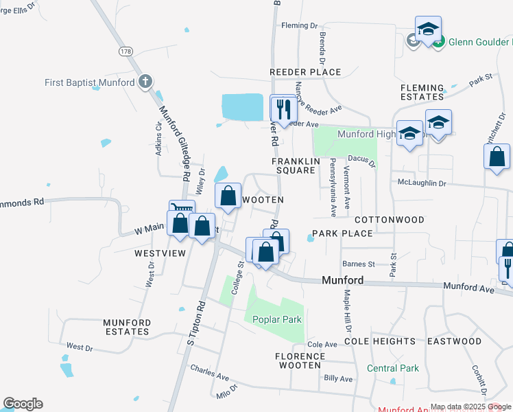 map of restaurants, bars, coffee shops, grocery stores, and more near 60 Pecan Street in Munford