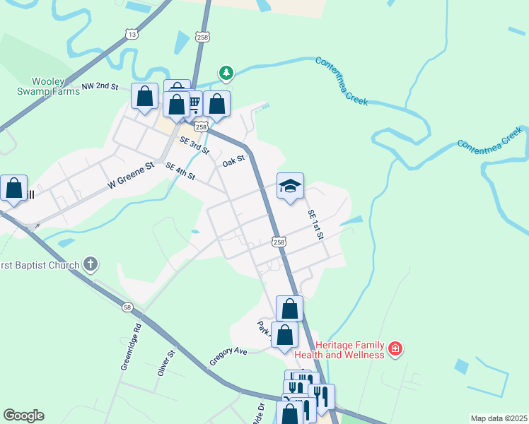 map of restaurants, bars, coffee shops, grocery stores, and more near 413 Southeast 2nd Street in Snow Hill