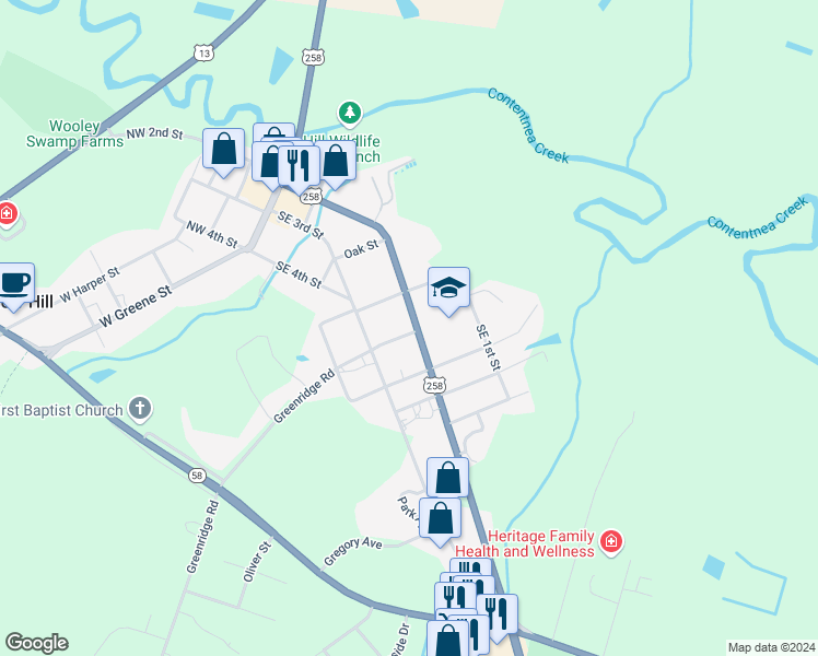 map of restaurants, bars, coffee shops, grocery stores, and more near 413 Southeast 2nd Street in Snow Hill