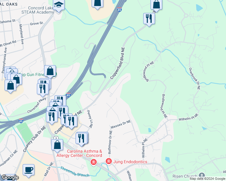 map of restaurants, bars, coffee shops, grocery stores, and more near 2521 Governors Pointe Court Northeast in Concord