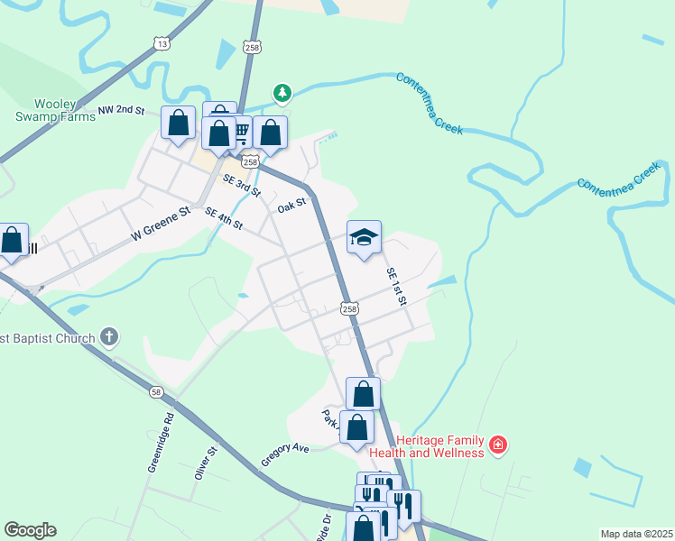 map of restaurants, bars, coffee shops, grocery stores, and more near 498 Southeast 2nd Street in Snow Hill