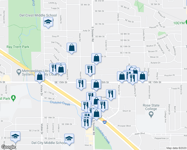 map of restaurants, bars, coffee shops, grocery stores, and more near 1504 South Sooner Road in Midwest City